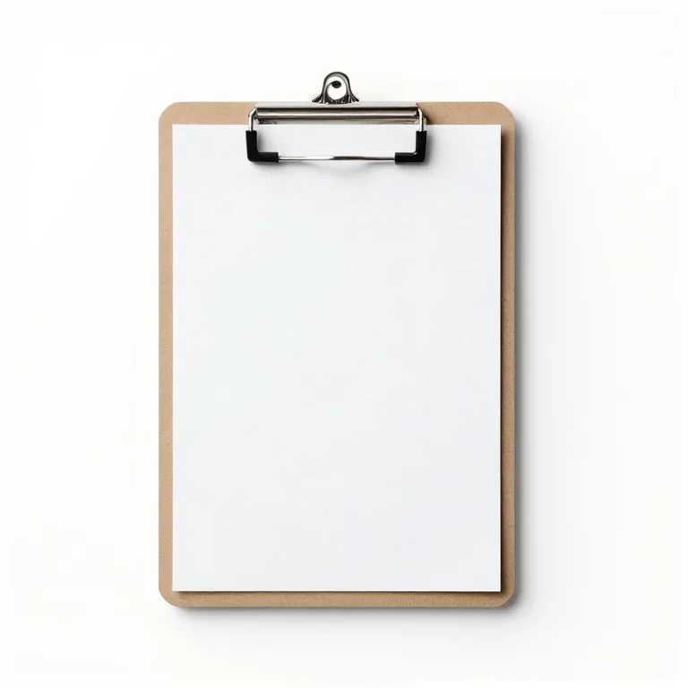 a small clipboard with a steel clip, front view, single item fully visible and centred, isola...