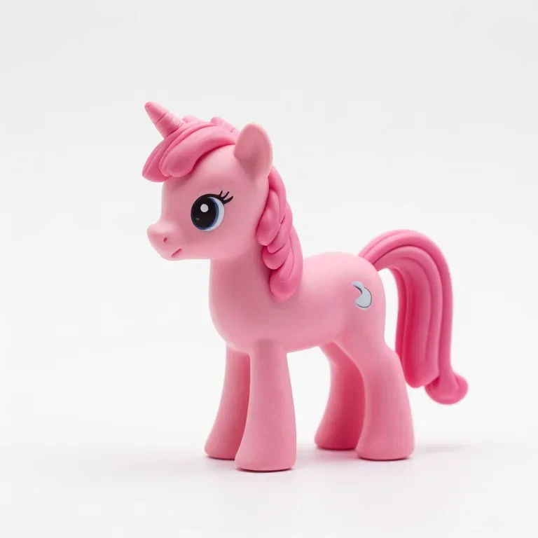 a small pink pony figurine with a braided mane, side view, single item fully visible and cent...