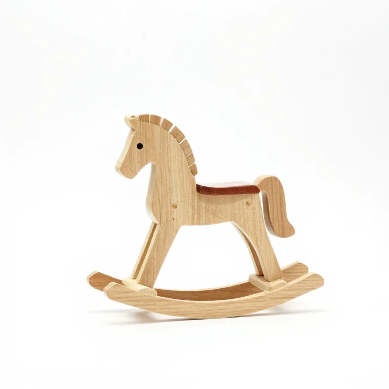 a small rocking horse in painted beech wood, side view, single item fully visible and centred...