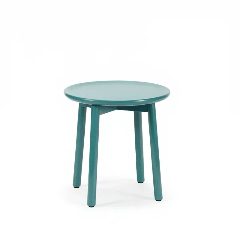 a small round side table in teal lacquer, front view, single item fully visible and centred,...