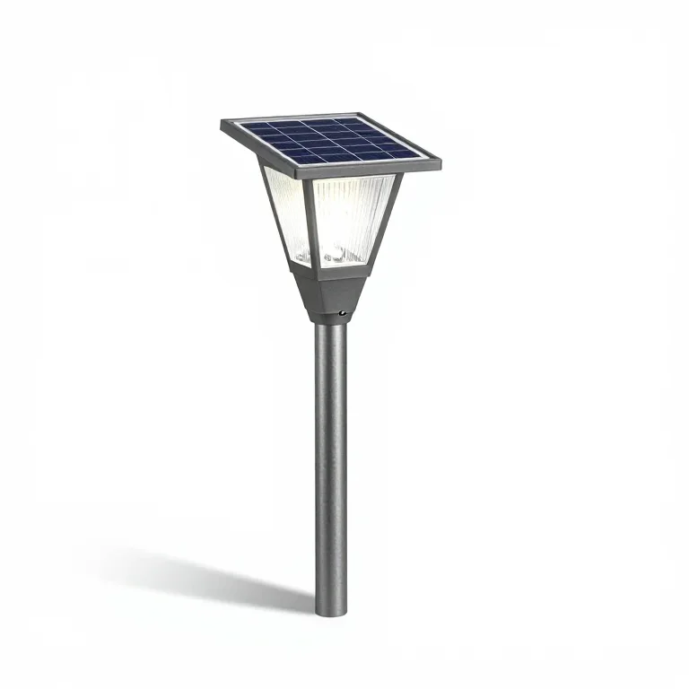 a solar garden light on a metal stake, side view, single item fully visible and centred, isol...