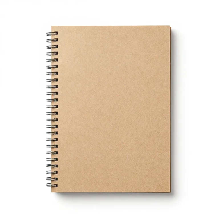 a spiral bound notebook with a kraft cover, three-quarter view, single item fully visible and...