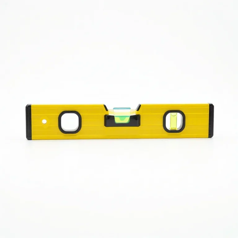 a spirit level with a yellow body, side view, single item fully visible and centred, isolated...