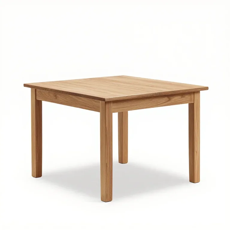 a square oak dining table, front three-quarter view, single item fully visible and centred, i...