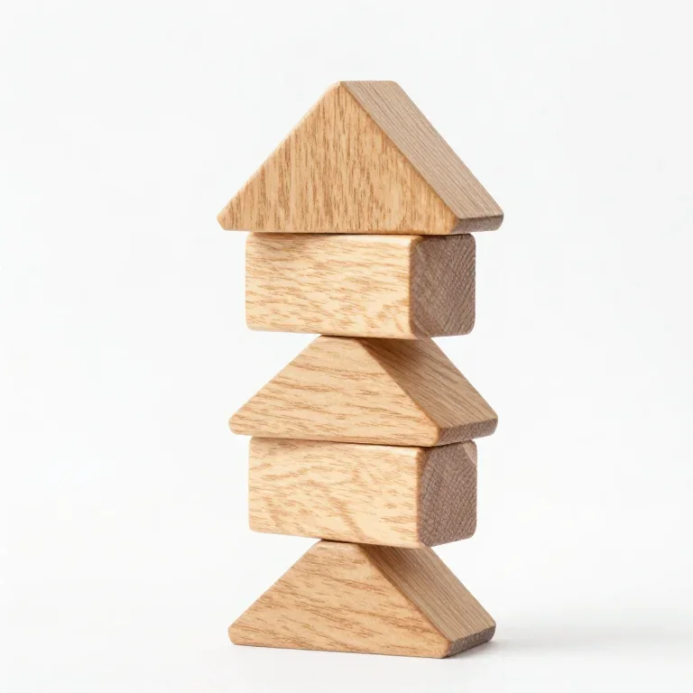 a stack of five wooden shape sorter blocks, front view, single item fully visible and centred...