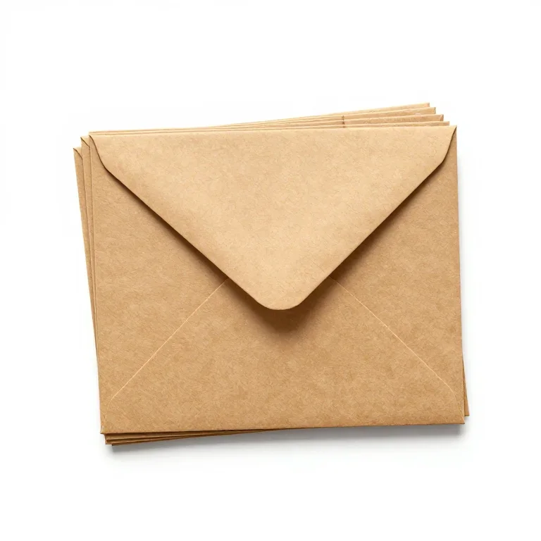 a stack of kraft envelopes, three-quarter view, single item fully visible and centred, isolat...