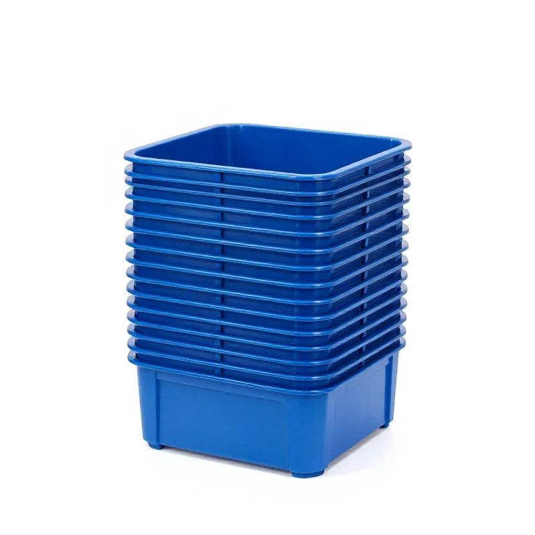 a stackable storage crate in blue plastic, front view, single item fully visible and centred,...