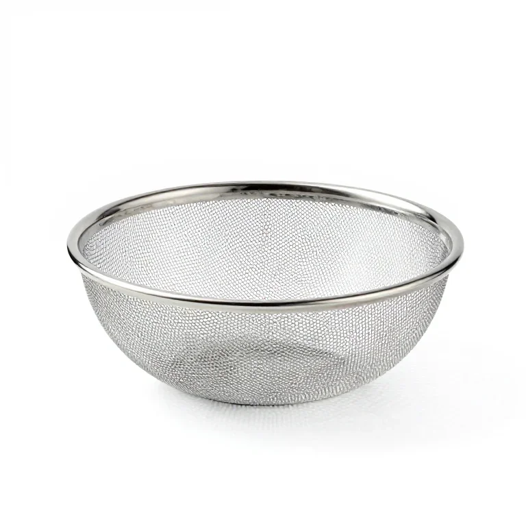 a stainless steel colander, side view, single item fully visible and centred, isolated on a p...