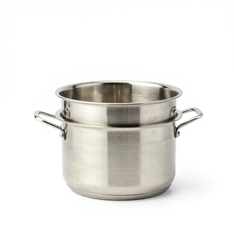 a stainless steel double boiler pot, three-quarter view, single item fully visible and centre...