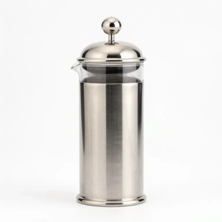 a stainless steel french press, front view, single item fully visible and centred, isolated o...
