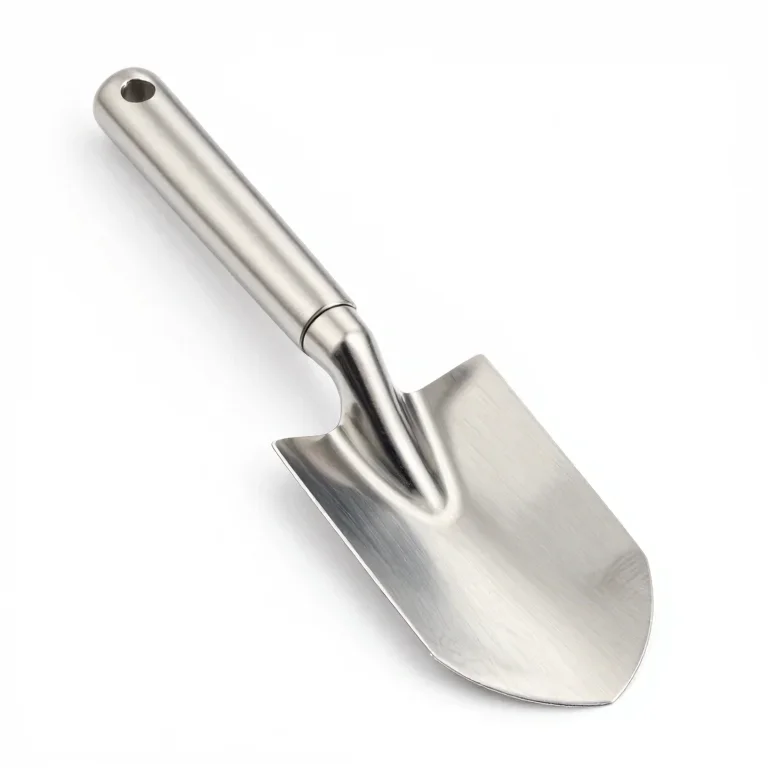a stainless steel garden trowel, three-quarter view, single item fully visible and centred, i...