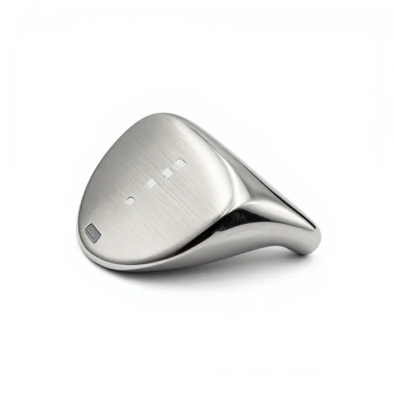 a stainless steel golf club head, three-quarter view, single item fully visible and centred,...