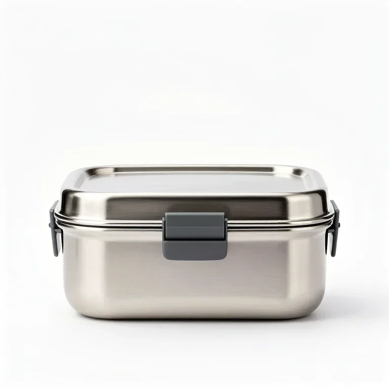 a stainless steel lunch box with a clip, front view, single item fully visible and centred, i...