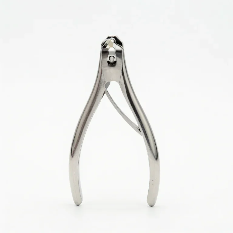 a stainless steel nail clipper, three-quarter view, single item fully visible and centred, is...