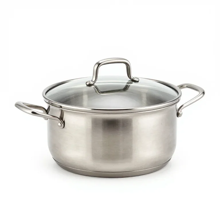 a stainless steel saucepan with a glass lid, three-quarter view, single item fully visible an...
