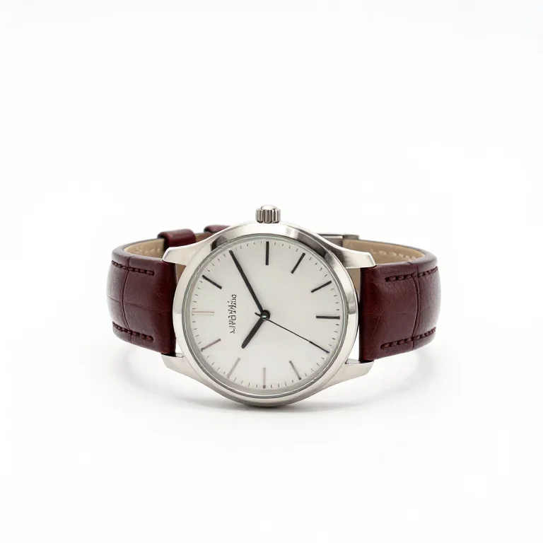 a stainless steel wristwatch on a leather strap, front view, single item fully visible and ce...