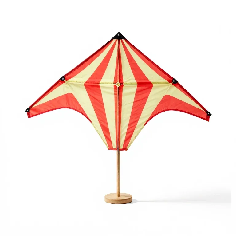 a striped circus kite on a short wooden spool, front view, single item fully visible and cent...