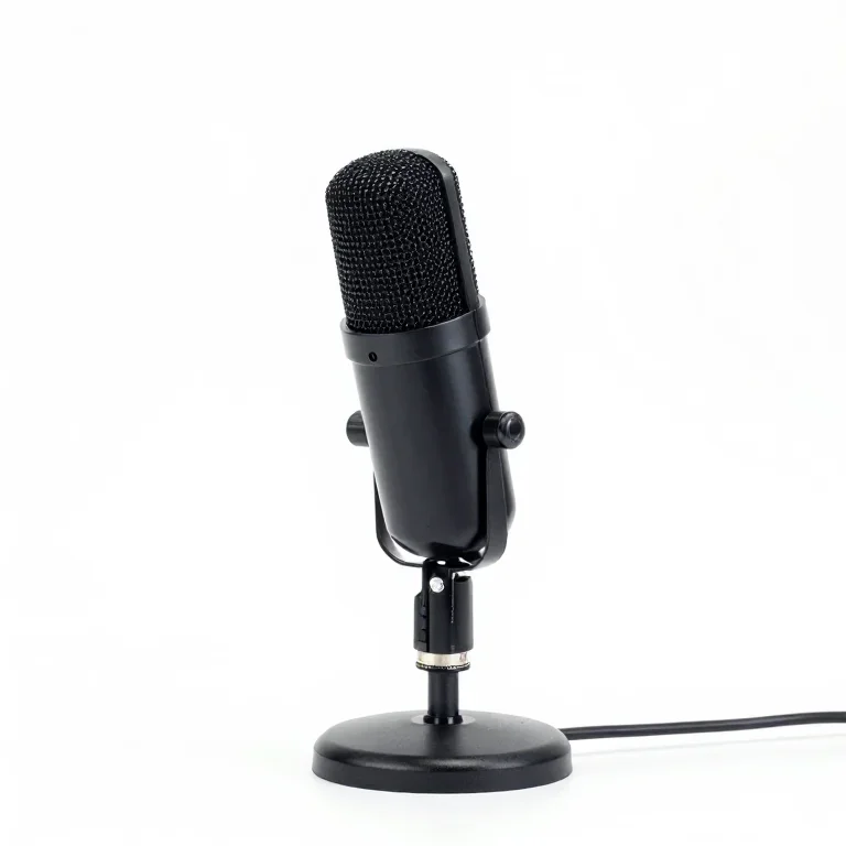 a studio microphone on a desk stand, side view, single item fully visible and centred, isolat...