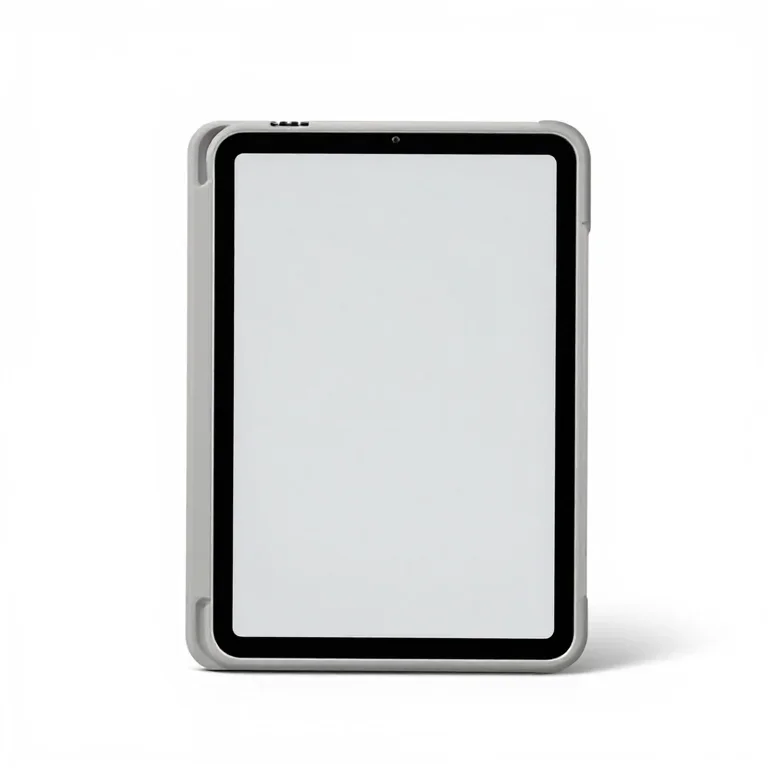 a tablet in a folio case, three-quarter view, single item fully visible and centred, isolated...