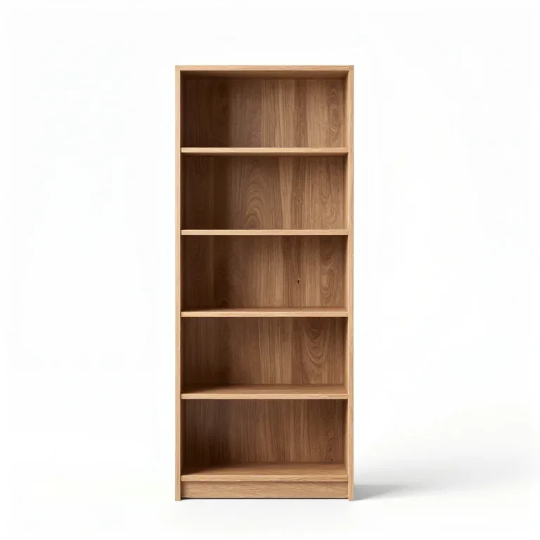 a tall bookcase with five shelves, front view, single item fully visible and centred, isolate...