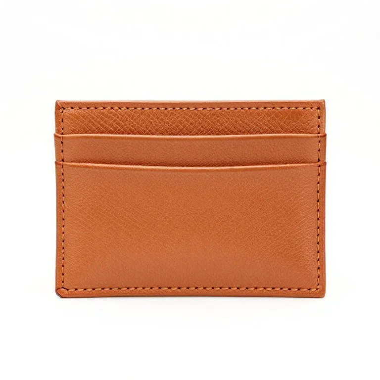 a tan leather card holder, three-quarter view, single item fully visible and centred, isolate...