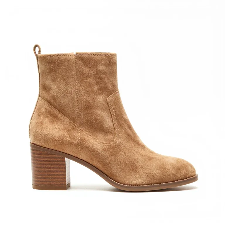 a tan suede ankle boot with a block heel, side view, single item fully visible and centred, i...