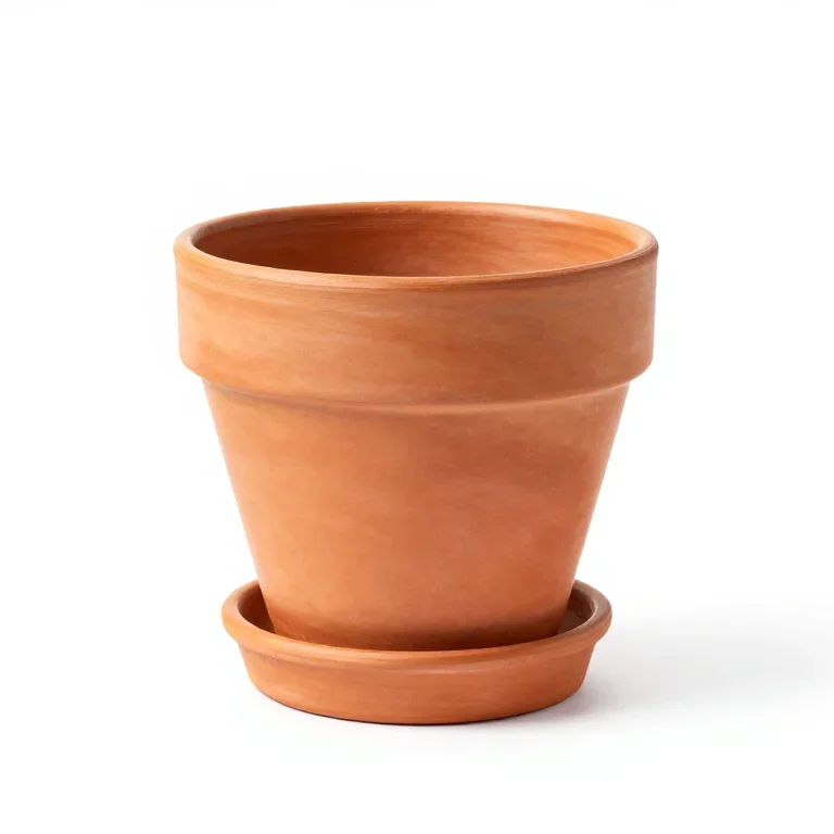 a terracotta plant pot with a matching saucer, three-quarter view, single item fully visible...