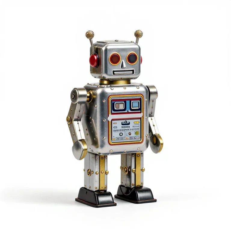 a tin toy robot with riveted joints, painted steel and brass, three-quarter view, single item...