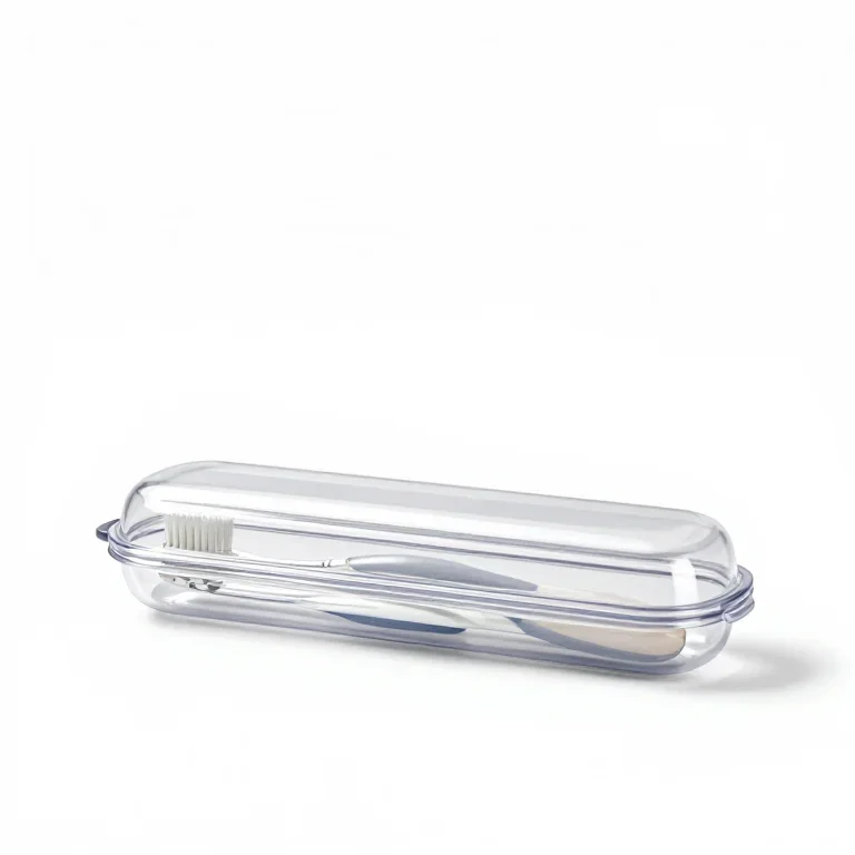 a toothbrush inside a clear travel case, side view, single item fully visible and centred, is...