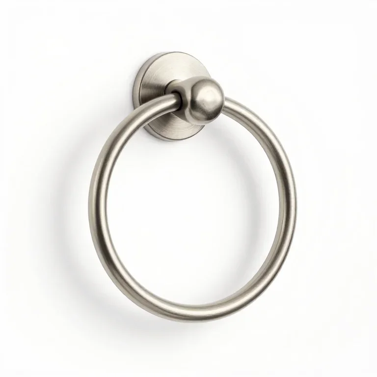 a towel ring in brushed steel, front view, single item fully visible and centred, isolated on...