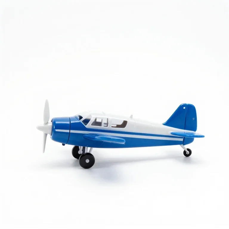 a toy propeller aeroplane in blue and white, side view, single item fully visible and centred...