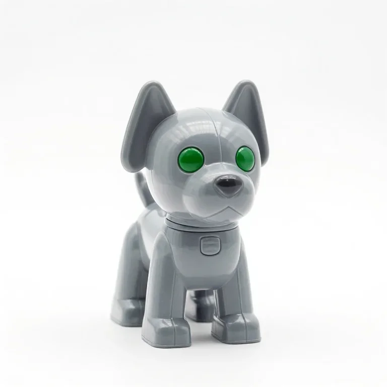 a toy robot dog in grey plastic with green eyes, front view, single item fully visible and ce...