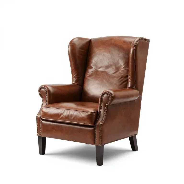 a traditional wingback armchair in brown leather, three-quarter view, single item fully visib...