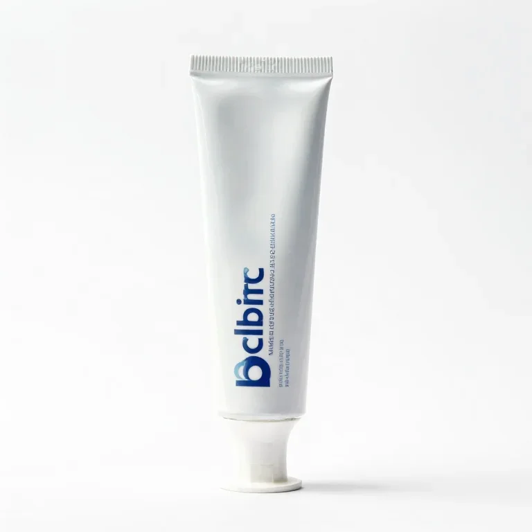 a tube of toothpaste standing on its cap, side view, single item fully visible and centred, i...