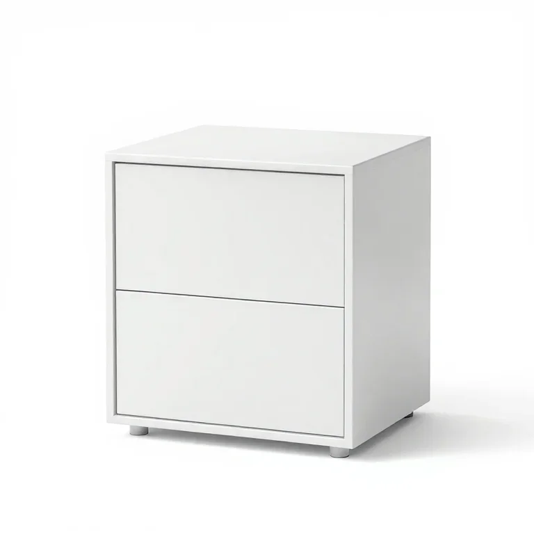 a two-drawer bedside cabinet, three-quarter view, single item fully visible and centred, isol...