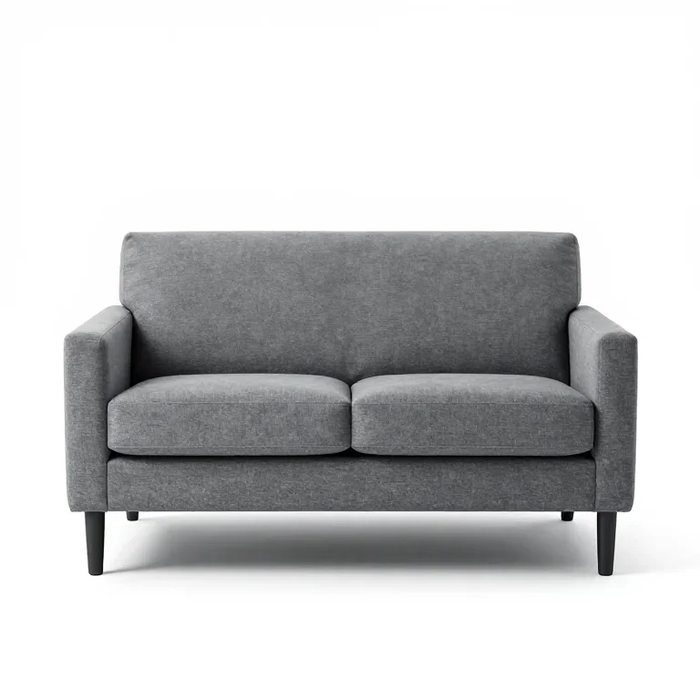 a two-seater fabric sofa in grey, front view, single item fully visible and centred, isolated...