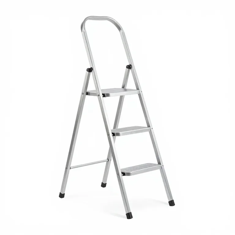 a two-step folding step ladder in aluminium, side view, single item fully visible and centred...