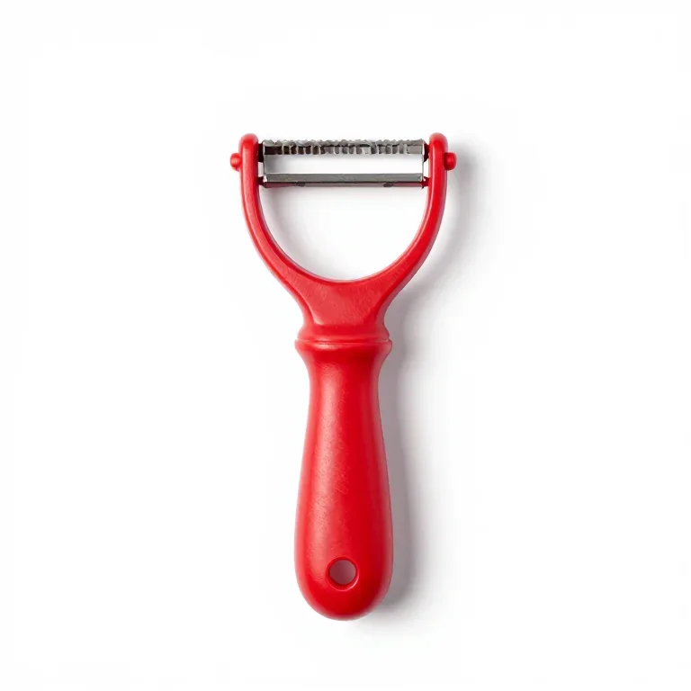 a vegetable peeler with a red handle, front view, single item fully visible and centred, isol...