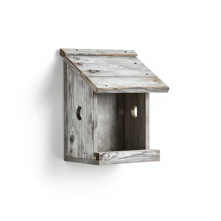 a wall mounted bird feeder in weathered wood, three-quarter view, single item fully visible a...