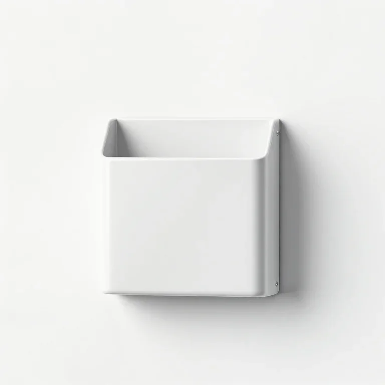 a wall mounted magazine holder in white metal, front view, single item fully visible and cent...