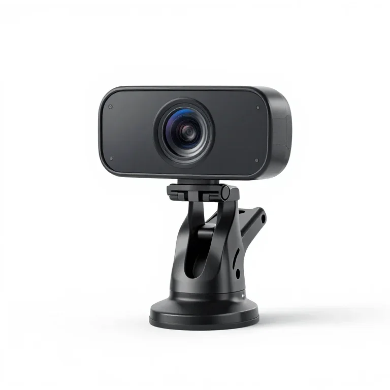 a webcam on a clip mount, three-quarter view, single item fully visible and centred, isolated...