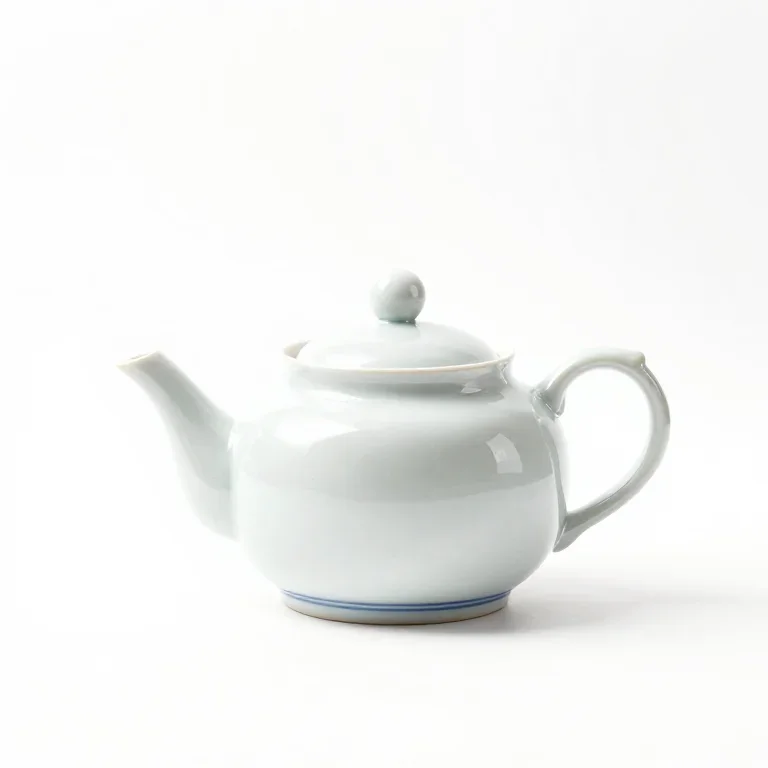 a white ceramic teapot with a blue band, three-quarter view, single item fully visible and ce...