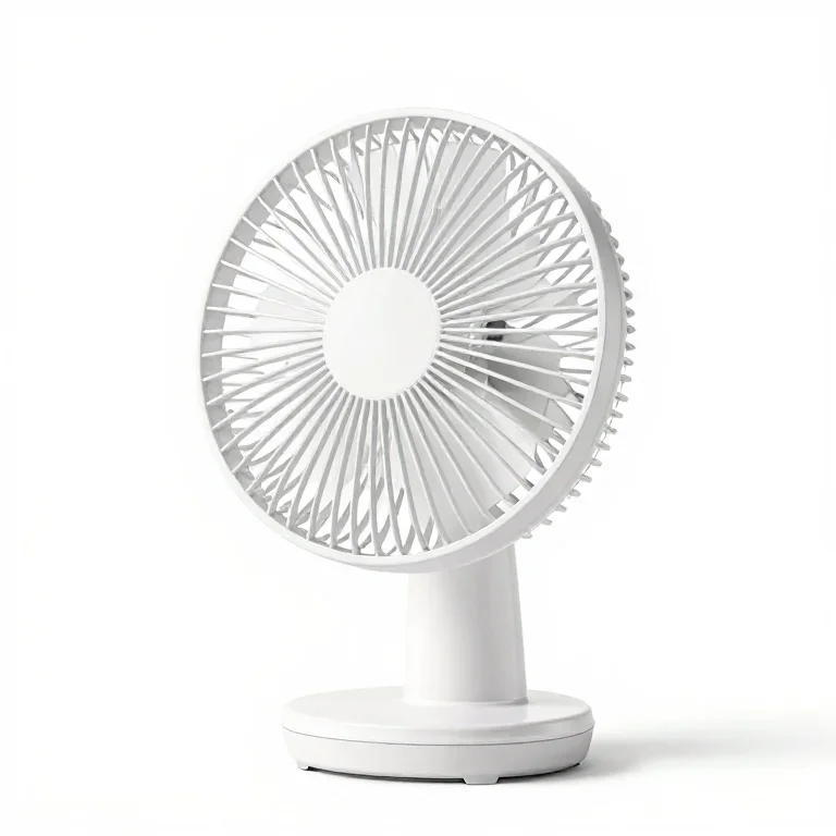 a white desk fan with three blades, three-quarter view, single item fully visible and centred...