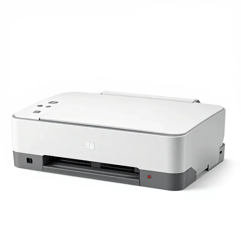 a white inkjet printer, three-quarter view, single item fully visible and centred, isolated o...