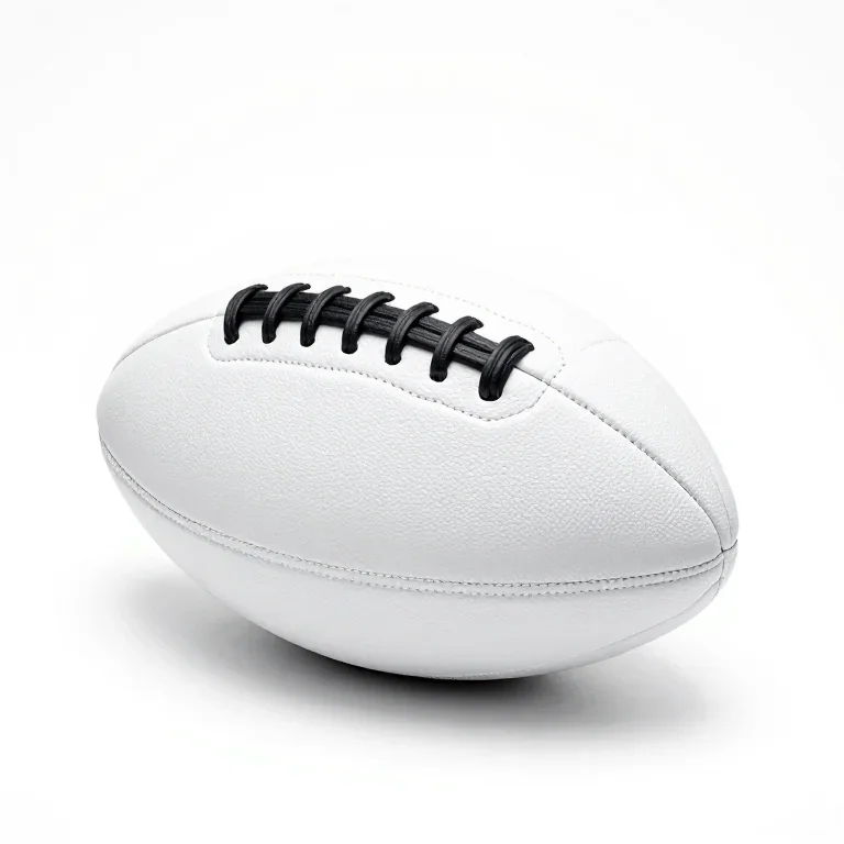 a white leather football with black pentagon panels, three-quarter view, single item fully vi...