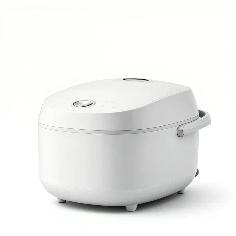 a white rice cooker with a steam vent, three-quarter view, single item fully visible and cent...