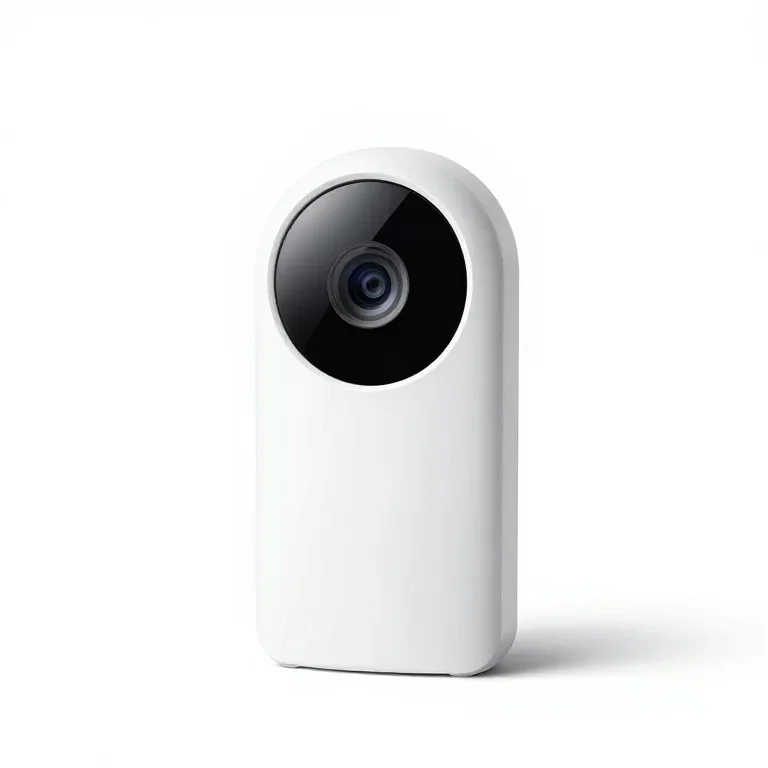 a white smart doorbell camera, front view, single item fully visible and centred, isolated on...