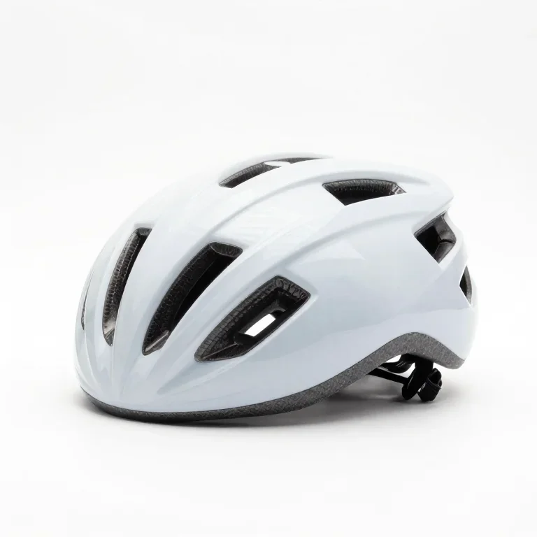 a white vented bicycle helmet, side view, single item fully visible and centred, isolated on...
