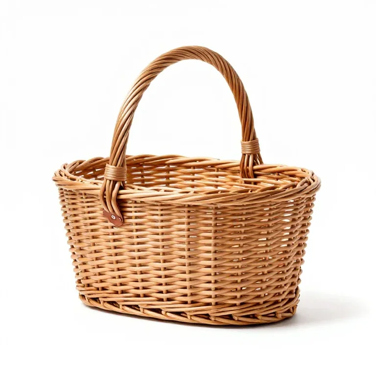 a wicker basket with a leather handle, three-quarter view, single item fully visible and cent...