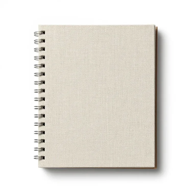 a wire bound planner in a linen cover, three-quarter view, single item fully visible and cent...